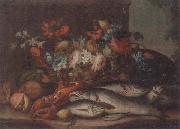 Still life of a basket of flowers,fruit,lobster,fish and a cat,all upon a stone ledge
